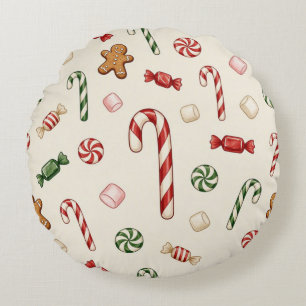 Kerstkrullen en Kerststokken, Beige Achtergrond Rond Kussen