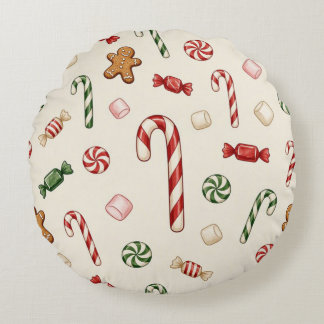 Kerstkrullen en Kerststokken, Beige Achtergrond Rond Kussen