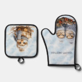 Kerstkuikens gekleed in blauw ovenwant & pannenlap set (Voorkant)