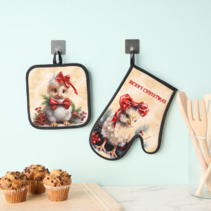 Kerstkuikens gekleed in rood ovenwant & pannenlap set