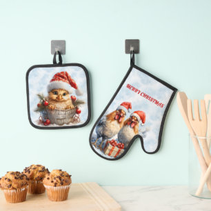 Kerstkuikens gekleed in rood ovenwant & pannenlap set