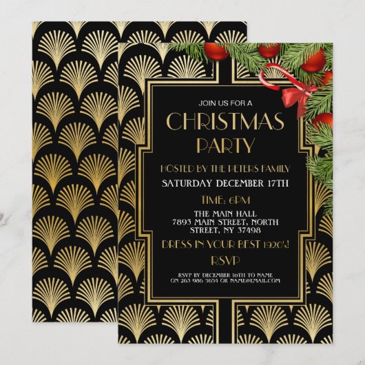 Kerstkunst Deco Gatsby Party Gold Twenties Kaart (Voorkant / Achterkant)