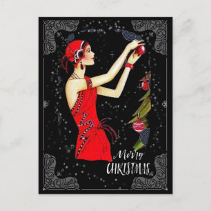 Kerstkunst Deco Retro  dame Briefkaart