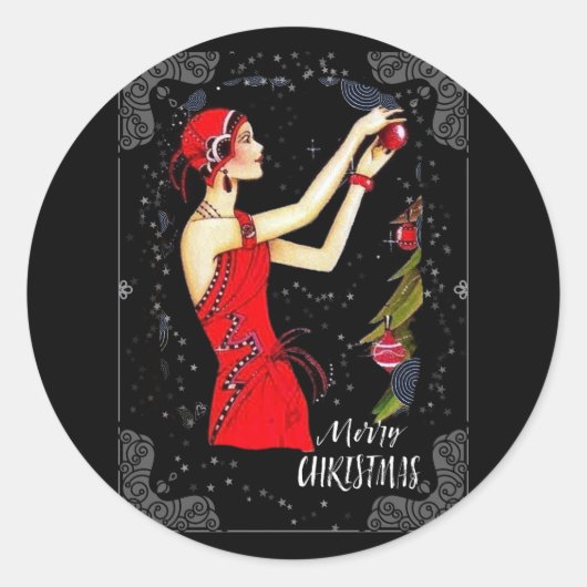 Kerstkunst Deco Retro  dame Ronde Sticker (Voorkant)