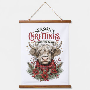 Kerstkunst met Highland-koe – Rustieke boerderijst Hangend Wandkleed