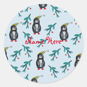 kerstkunst met pinguins ronde sticker