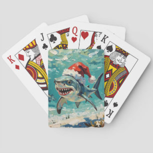 Kerstkunst met Vintage Haai met Kerstmannenhoed Pokerkaarten