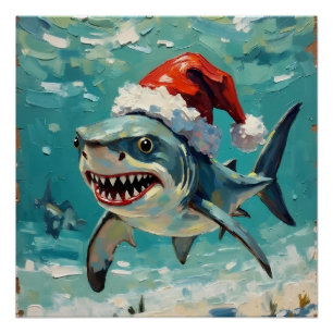 Kerstkunst met vintage haai met kerstmuts perfect poster