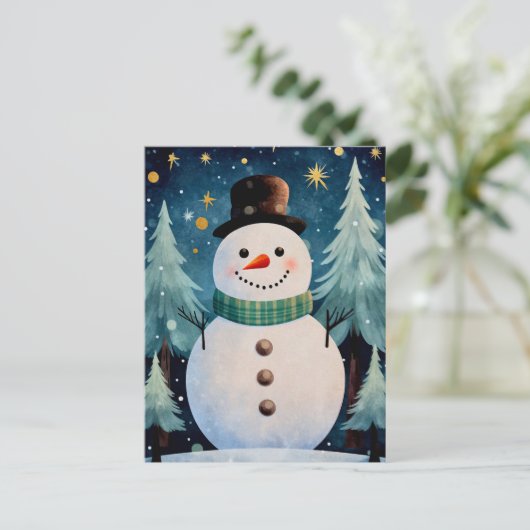Kerstkunst Sneeuwman Sneeuwnacht Bericht Feestdagenkaart (Staand voorkant)