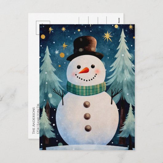 Kerstkunst Sneeuwman Sneeuwnacht Bericht Feestdagenkaart (Voorkant / Achterkant)