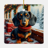 Kerstkunst voor Dachshund Keramisch Ornament (Achterkant)