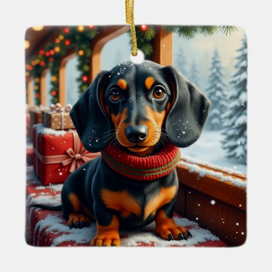 Kerstkunst voor Dachshund Keramisch Ornament (Voorkant)