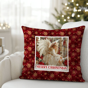 Kerstkussen met engel in victoriaanse stijl, rood kussen
