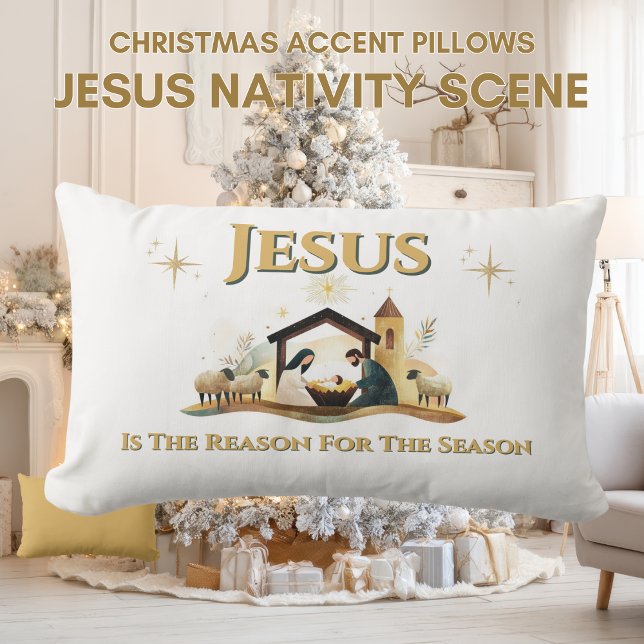 Kerstkussen met Jezus Geboorte Goud Kussen (Jesus Christmas Season Christian Lumbar Pillow)