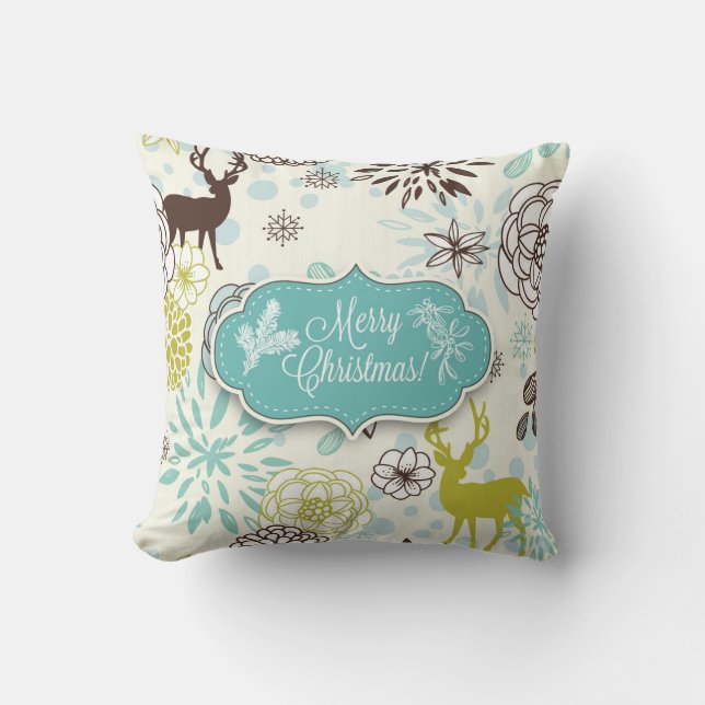 Kerstkussen - Vintage Blauwe Hert Kussen (Voorkant)