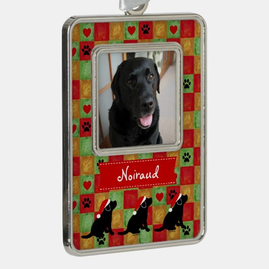 Kerstkwart zwarte labrador Puppy Verzilverd Omlijst Ornament