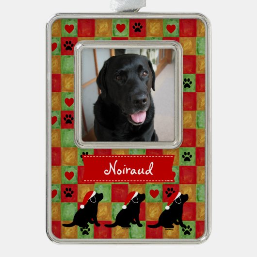 Kerstkwart zwarte labrador Puppy Verzilverd Omlijst Ornament (Voorkant)