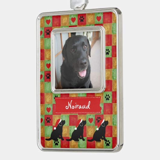 Kerstkwart zwarte labrador Puppy Verzilverd Omlijst Ornament (Links)