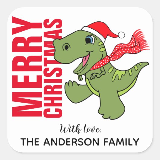Kerstlabel voor dinosauriërs vierkante sticker (Voorkant)