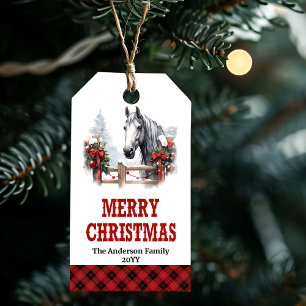 Kerstlabel voor ranch met paardenkoets in rood en cadeaulabel