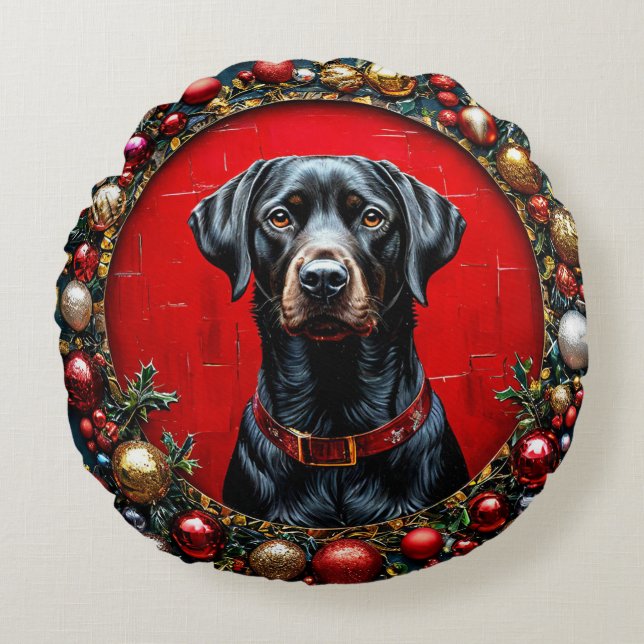 Kerstlabrador hond rond kussen (Voorkant)