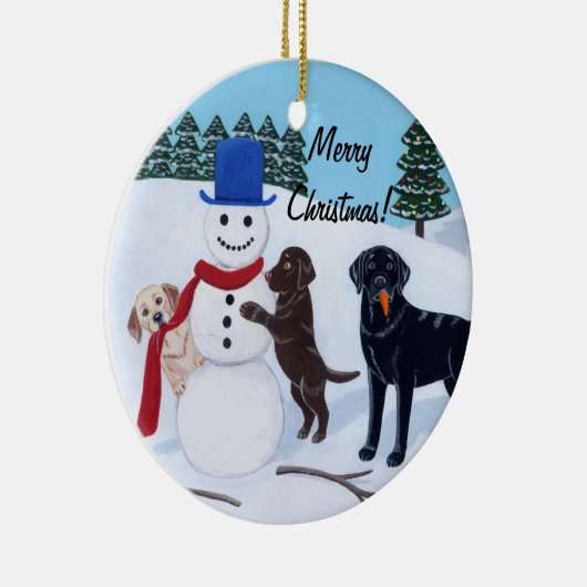 kerstlabrador Painting Snowman Keramisch Ornament (Rechts)
