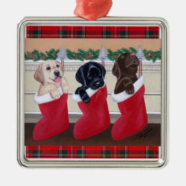 Kerstlabrador Puppies Tartan Metalen Ornament