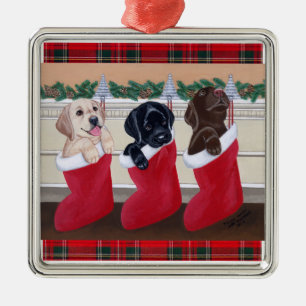 Kerstlabrador Puppies Tartan Metalen Ornament