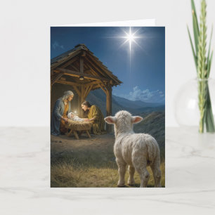 Kerstlam die naar de kerststal kijkt kaart