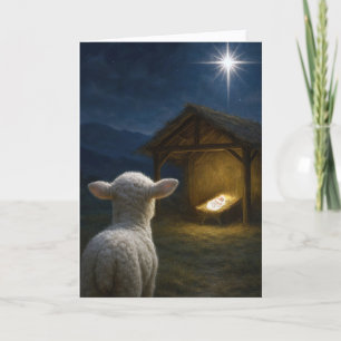 Kerstlam die naar het kindje Jezus kijkt Kaart