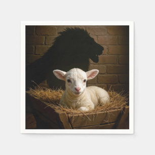 Kerstlam in een voederbak met leeuwenschaduw servet