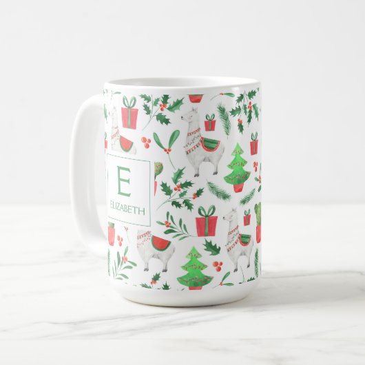 Kerstlama, Cactus, Berries, Monogram bomen Koffiemok (Voorkant links)