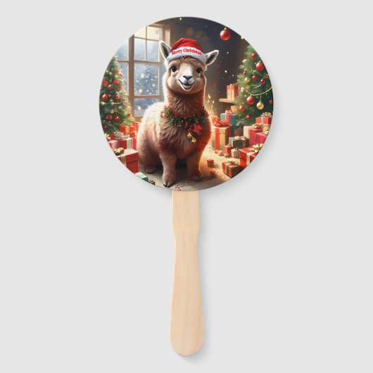 Kerstlama met kerstmuts, handwaaier (Achterkant)