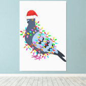 Kerstlampduif met Pet van Kerstmis - duif Canvas Afdruk (Insitu (Houten vloer))