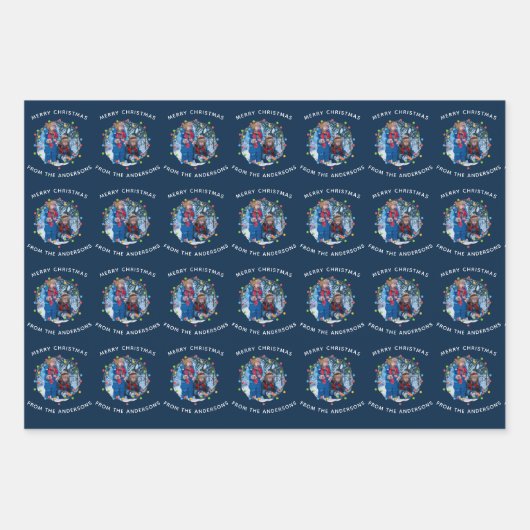 kerstlampfamilie Foto blauw aangepast Inpakpapier Vel (Voorkant 2)
