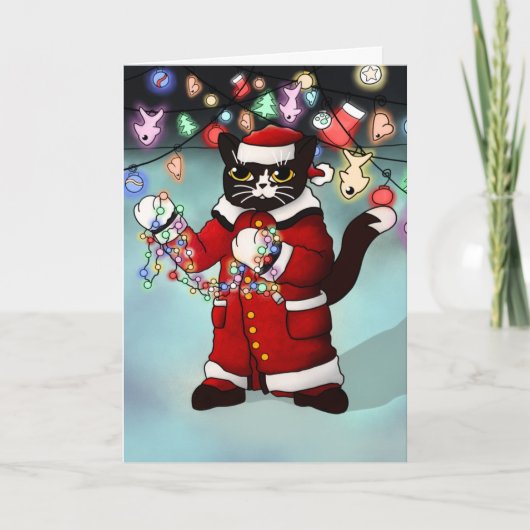 kerstlampjes Cute Tuxedo Cat Kaart (Voorkant)