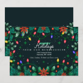 Kerstlampjes en poinsettias Holiday Moving Feestdagenkaart (Voorkant / Achterkant)