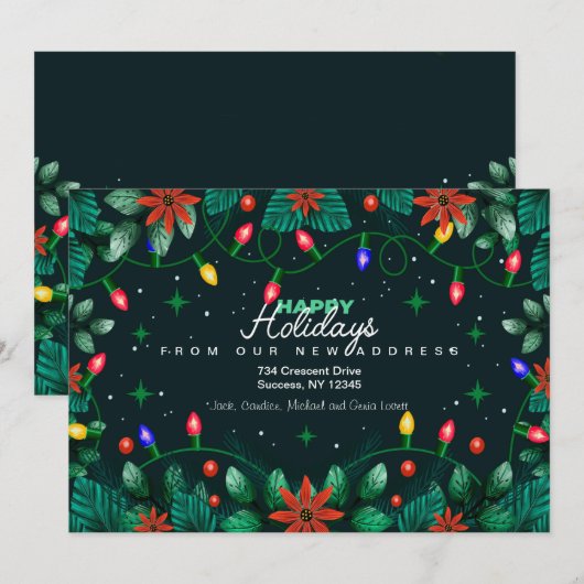 Kerstlampjes en poinsettias Holiday Moving Feestdagenkaart (Voorkant / Achterkant)