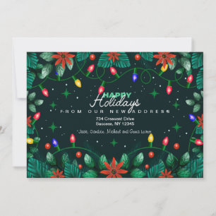 Kerstlampjes en poinsettias Holiday Moving Feestdagenkaart
