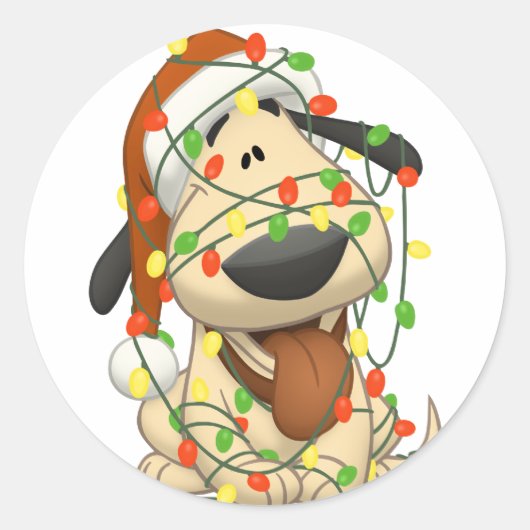 kerstlampjes Funny Puppy Dog Ronde Sticker (Voorkant)
