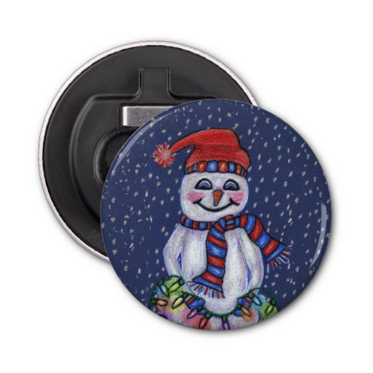 kerstlampjes glimlachen Snowman Snowflakes Button Flesopener (Voorkant)