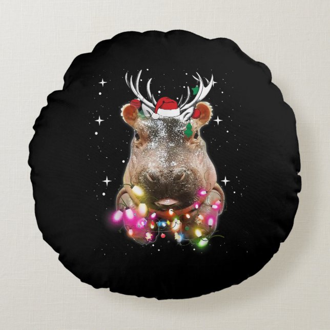 Kerstlampjes Hippo Fiona Hippopotamus Lover Rond Kussen (Voorkant)