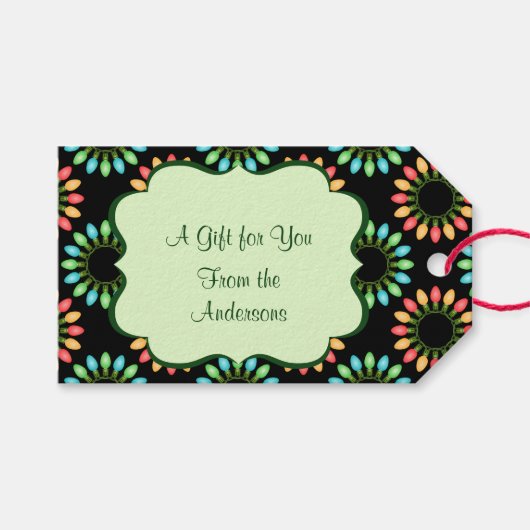 Kerstlampjes in kleurrijk cirkelpatroon cadeaulabel (Voorkant (Horizontaal))