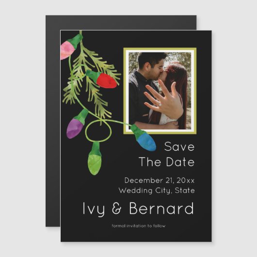 Kerstlampjes op zwarte foto Save the Date Magnetische Uitnodiging (Voorkant / Achterkant)