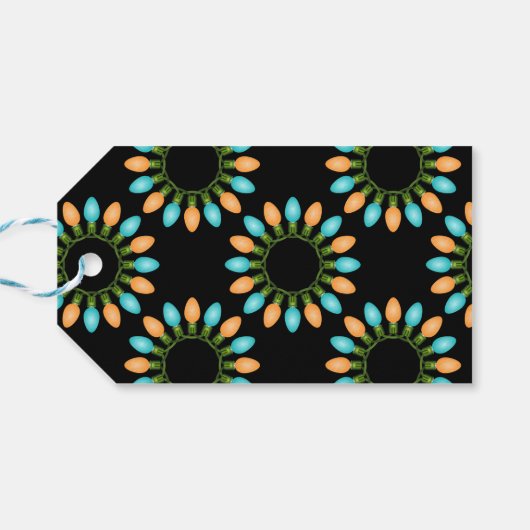 Kerstlampjes Patroon Oranje en blauw Cadeaulabel (Achterkant Horizontaal)