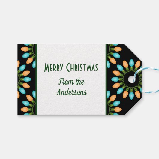 Kerstlampjes Patroon Oranje en blauw Cadeaulabel (Voorkant (Horizontaal))