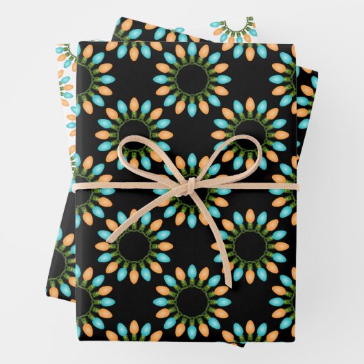 Kerstlampjes Patroon Oranje en blauw Inpakpapier Vel (In situ)