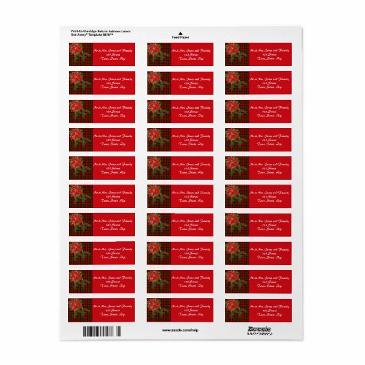 Kerstland labels, rode plaid, Poinsettia labels (Full Sheet)