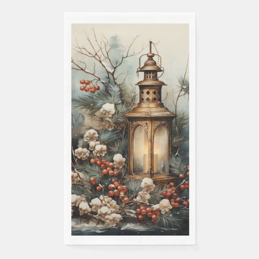 Kerstlandschap Lantaarn Pijnboomtakken Rode Bes Servet (Voorkant)