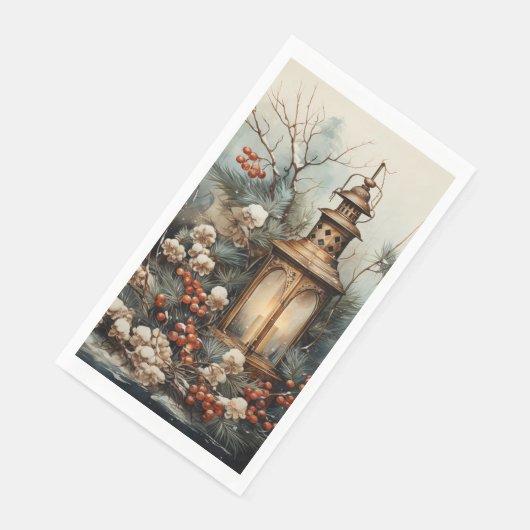 Kerstlandschap Lantaarn Pijnboomtakken Rode Bes Servet (Hoek)